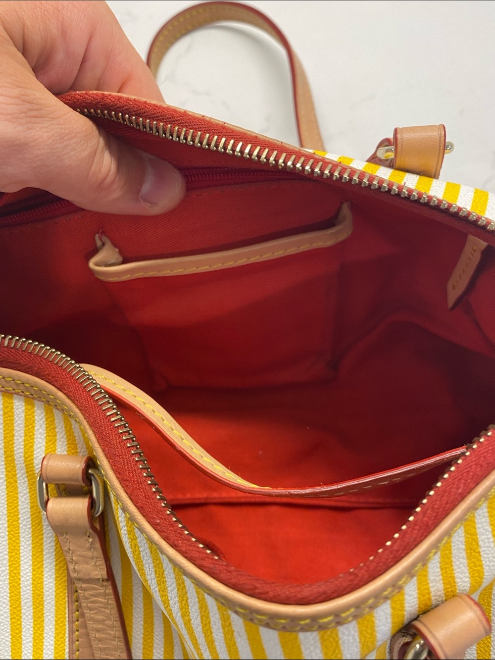 Dooney & Bourke Yellow & White Striped Barrel Shoulder Bag Tan Trim EUC ✨ - Picture 11 of 12